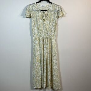Lucky Brand Sheer Midi Boho Shortsleeve Yellow Keyhole Dress Women Medium